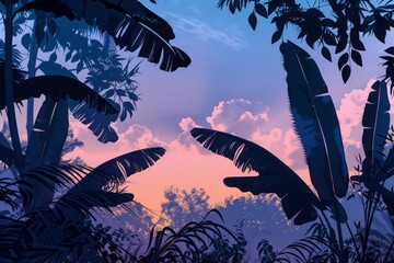 Serene Tropical Landscape with Colorful Sky and Silhouetted Foliage