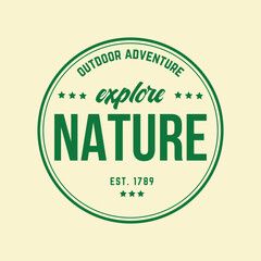 Vintage badge design for outdoor adventure and mountain camping season. Retro style with bold text and crossed axes, perfect for nature or hiking themes.