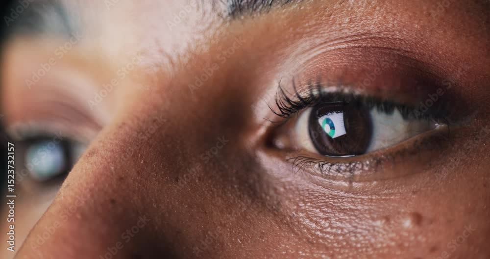 Poster Reading, closeup and eyes of person on computer for research, online proposal and finance statistics. Face, office and worker with reflection of chart for financial review, budget analysis and report