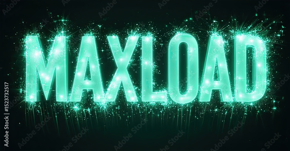 Poster Bright turquoise text spells MAXLOAD with sparkling particle effects radiating outward. Dark background enhances luminous lettering.