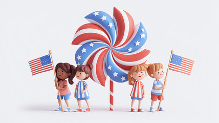 Festive scene: kids celebrating with red blue american flag themed lollipop backdrop
