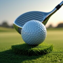 Macro shot of a white golf ball resting on a tee, driver club hovering behind, sharp focus on the ball with a blurred green fairway