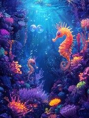 A radiant underwater garden with glowing sea anemones and colorful magical seahorses 