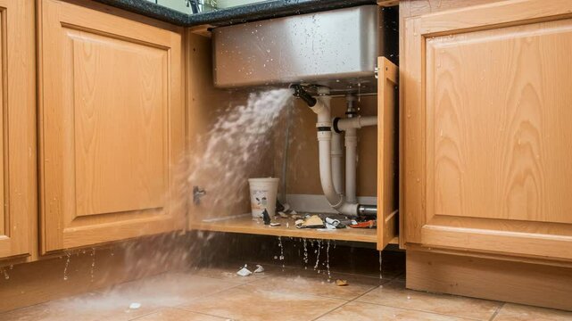 Leaking pipe under kitchen sink causing water damage. Overflowing pipe with water pouring onto floor. Plumbing emergency situation requiring urgent repair.