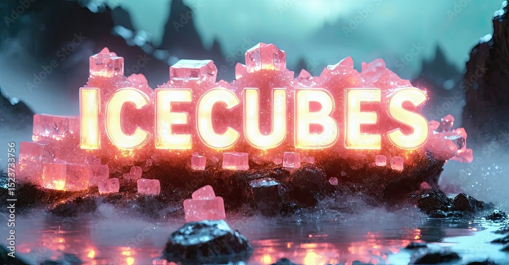 Aufkleber glowing icecubes spell word amidst frosty landscape. water reflects light, creating surreal scene. d