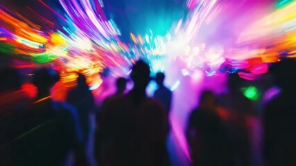 Neon Nightlife Blur: A vibrant and energetic nightlife scene captured with motion blur, showcasing a crowd of people dancing and enjoying themselves under dazzling neon lights.