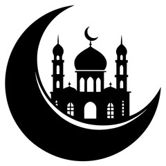 Crescent moon with mosque silhouette vector illustration 