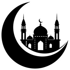 Crescent moon with mosque silhouette vector illustration 
