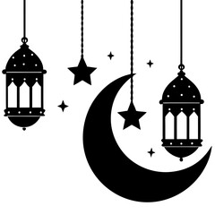 Hanging moon lights for eid decoration silhouette vector illustration 