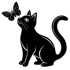 Fototapeta premium Playful cat with butterfly silhouette vector illustration 