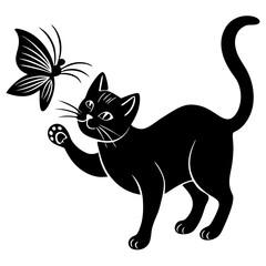 Playful cat with butterfly silhouette vector illustration 