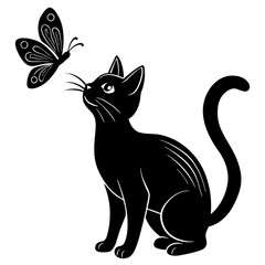 Playful cat with butterfly silhouette vector illustration 