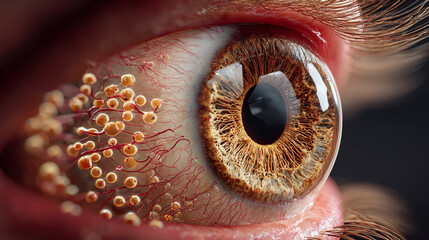 A detailed close up of a human eye showing meibomian gland dysfunction and blood vessels around.