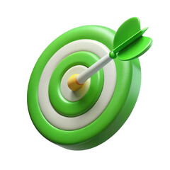 3d render of a green dart hitting the center of a target, isolated on transparent background