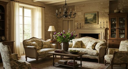 Classic beige living room interior traditional style comfortable decor luxurious cozy well lit