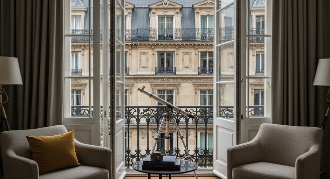 Elegant parisian apartment interior view with balcony and cityscape