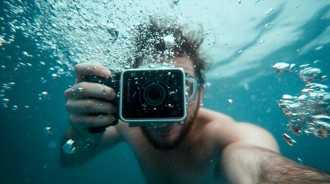 A man takes a selfie underwater with a camera, surrounded by bubbles and blue water.