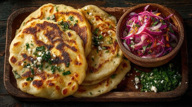 El Salvador dish Pupusas Thick corn tortillas stuffed with cheese beans or meat served with curtido pickled slaw