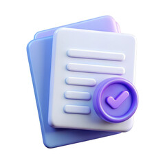 3d render of pastel blue and purple documents with a checkmark, isolated on transparent background