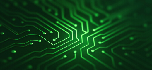 Plakat Green circuit board pattern with connecting lines and nodes abstract technology background. The composition offers versatility for layout design or product display.