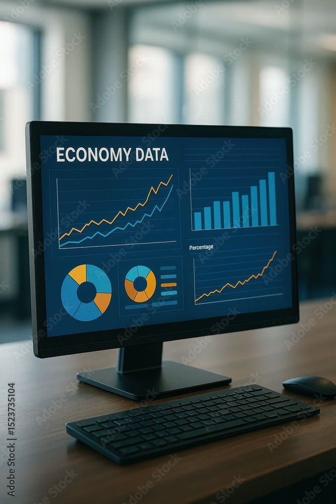 Poster computer monitor displaying economy data charts and graphs in modern office setting