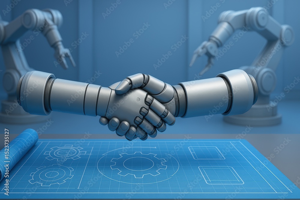 Poster collaborative robotics concept showing robotic hands shaking over engineering blueprint background