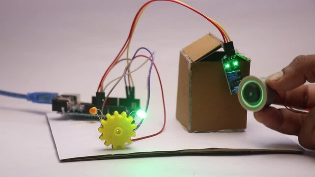Vibration sensor module when senses vibration from dc motor is activating a led light and is controlled by micro controller on background