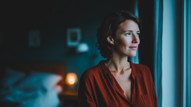 Serene Reflection: A woman gazes thoughtfully through a window, bathed in soft, natural light, her expression serene and introspective, suggesting peace and contemplation in a domestic setting.