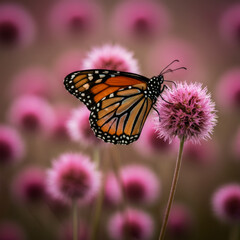 Close-up of a vibrant monarch butterfly perched on a fluffy pink flower. Soft, blurred background emphasizes the detailed wings and delicate antennae. A beautiful moment of nature captured in macro.