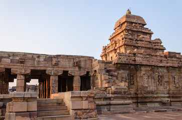 The ancient temple of Hindu god at Sunrise, temple complex, group of monuments in the Aihole...