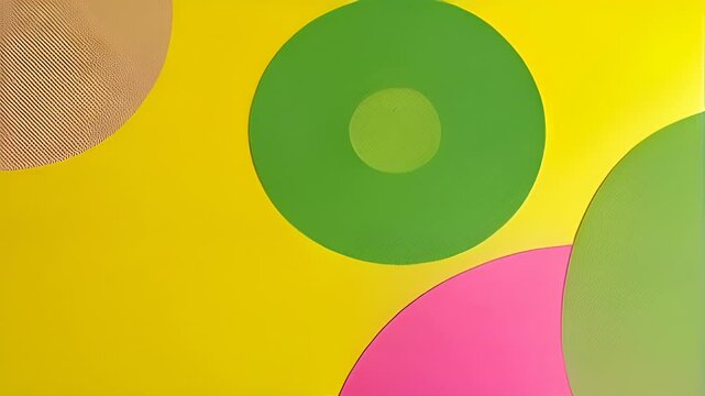 A vibrant abstract artpiece featuring overlapping and intertwining circles and ovals in bold shades of yellow, green, and pink.