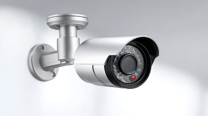 Security camera mounted on wall, featuring sleek silver design with lens and infrared lights, providing surveillance capabilities for safety and monitoring in various environments