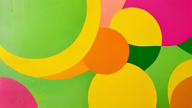 A vibrant abstract artpiece featuring overlapping and intertwining circles and ovals in bold shades of yellow, green, and pink.