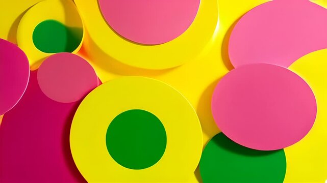 A vibrant abstract artpiece featuring overlapping and intertwining circles and ovals in bold shades of yellow, green, and pink.