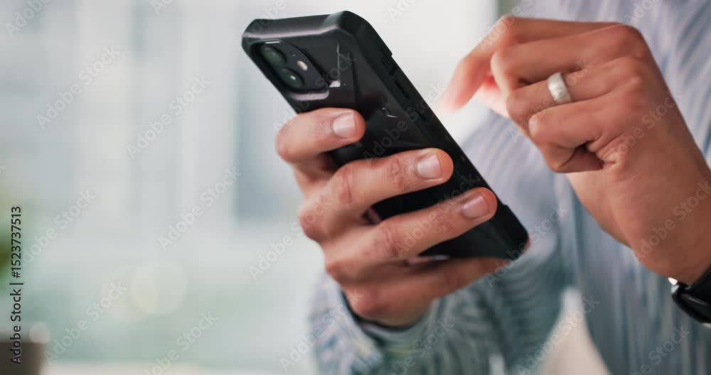 Poster Hands, phone and text message with business person in office for communication, scrolling or update. App, browsing and social media with employee in workplace for contact, ecommerce or research