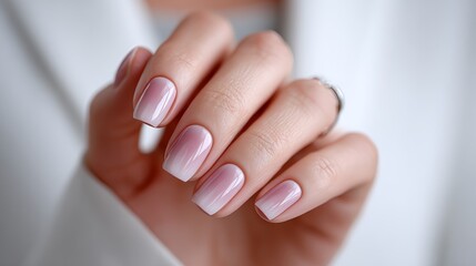 Close-up of manicured hand with elegant pink ombre nails, showcasing glossy finish and delicate details, resting on soft fabric background, emphasizing beauty and nail art trends in modern aesthetics