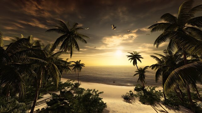 Tropical beach paradise at golden sunset glow