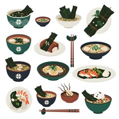 Assorted japanese soup dishes with seaweed and various toppings