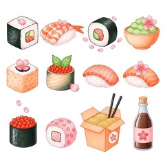 Cute watercolor sushi illustration with noodles and soy sauce