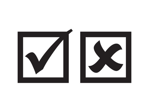 Vector isolated checkmark and cross in a square frame colorless black and white outline silhouette shadow shape stencil solid black
