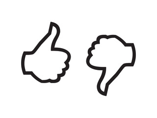 Vector isolated like and dislike hand gesture symbol thumbs up and thumbs down set colorless black and white contour line easy drawing