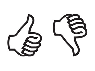 Vector isolated like and dislike hand gesture symbol thumbs up and thumbs down set colorless black and white contour line easy drawing