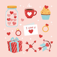A charming vector set of wedding, birthday, and Valentine's Day dessert featuring cakes, hot chocolate, and sweets with heart and love decorations in pink