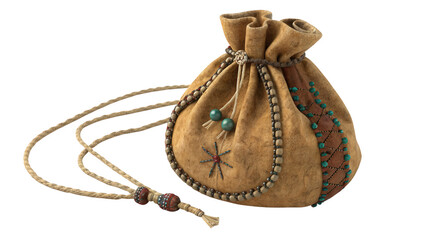 Rustic drawstring pouch with tribal embroidery and beads on a white background, AI generated