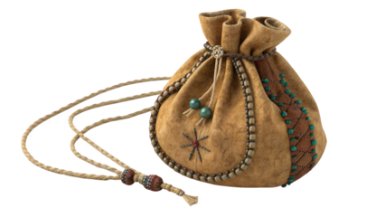 Rustic drawstring pouch with tribal embroidery and beads on a white background, AI generated
