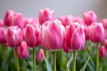 Fototapeta premium Clean and vibrant composition of blooming tulips in harmonious pink and purple hues in a bright, peaceful garden 