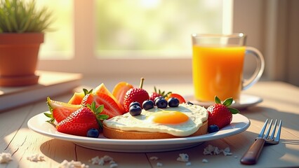 Delicious breakfast spread featuring an egg, fresh fruits, and orange juice on a sunny morning table