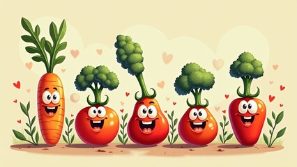 Colorful cartoon vegetables celebrating friendship in a vibrant garden during bright daylight