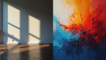 Sunlight casting shadows on a wall alongside a vibrant abstract painting in a modern interior space