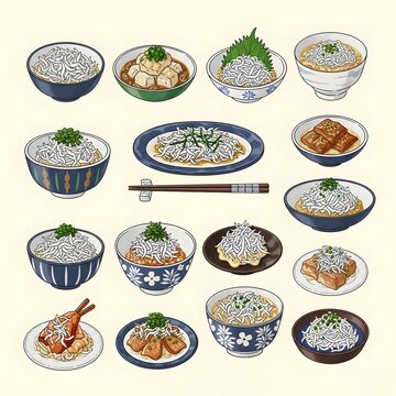 Collection of shirasu dishes japanese whitebait in various preparations